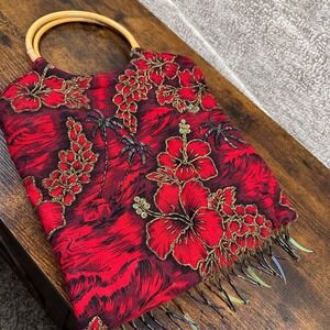 VTG Wenger Hawaiian Handbag Floral Sequin Floral Bamboo Handle Beaded Fabric